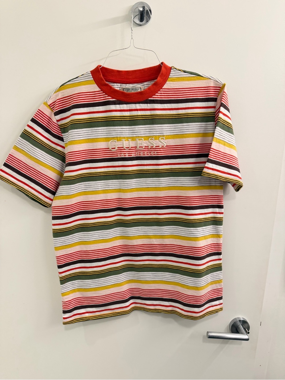 GUESS Multicolor Striped Crewneck Tee with Red Trim